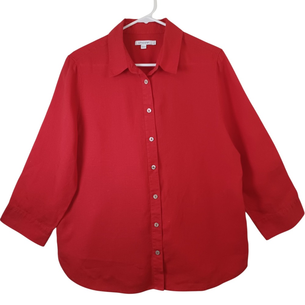 Chicos Red 100% Linen Button Down Shirt 3/4 Sleeve Size 2 US 12‎